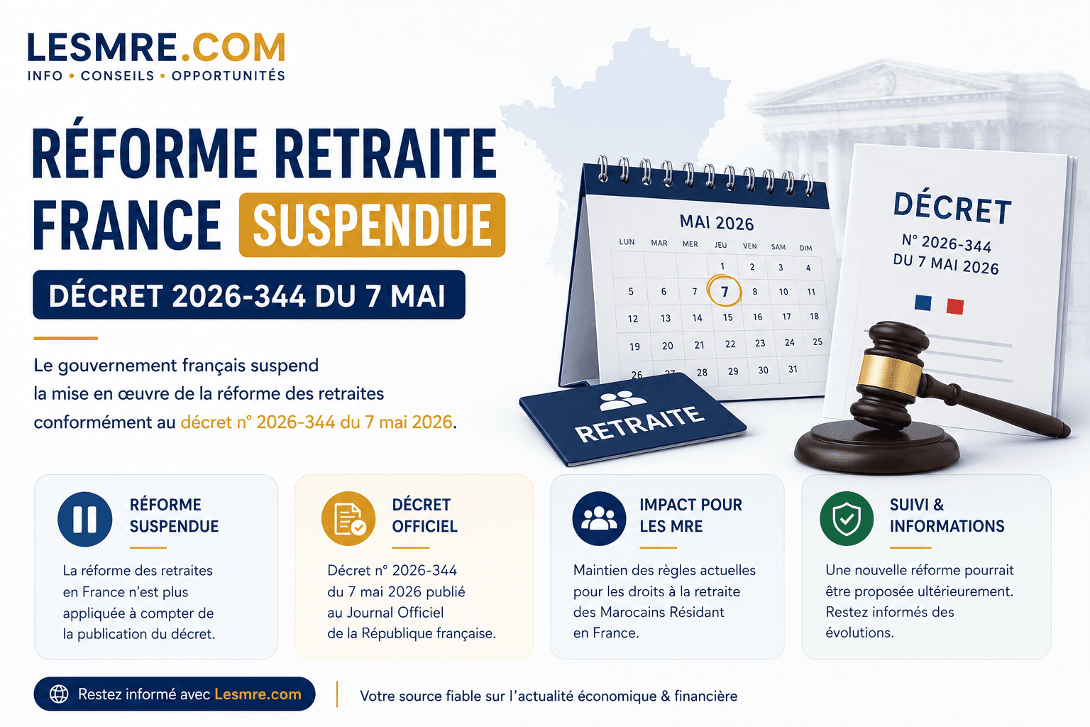 Réforme des retraites France suspendue : ce que le décret du 7 mai 2026 change pour les MRE qui ont cotisé en France
